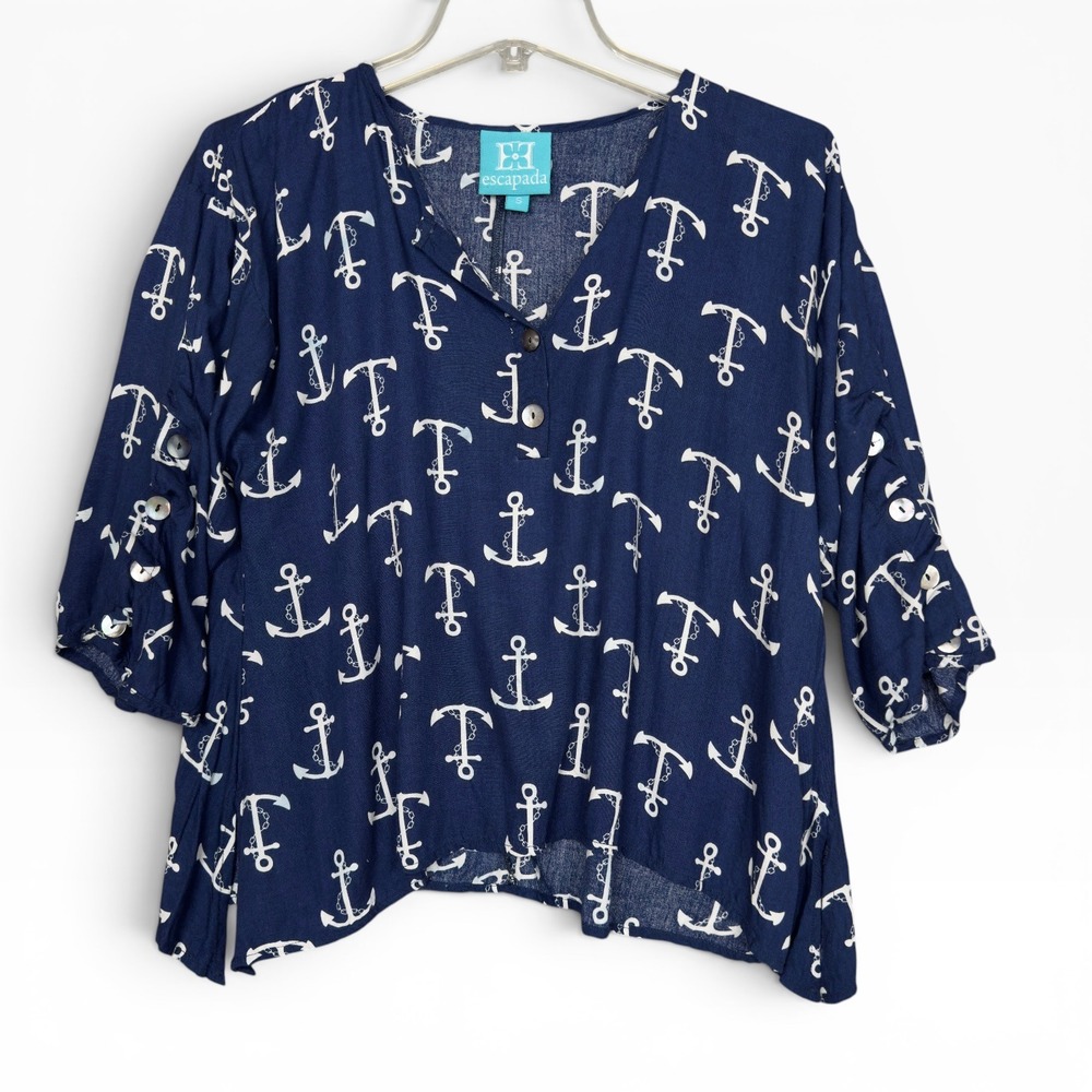 Escapada Anchor Print Henley Top Women S Navy Blue Nautical 3/4 Sleeve Rayon